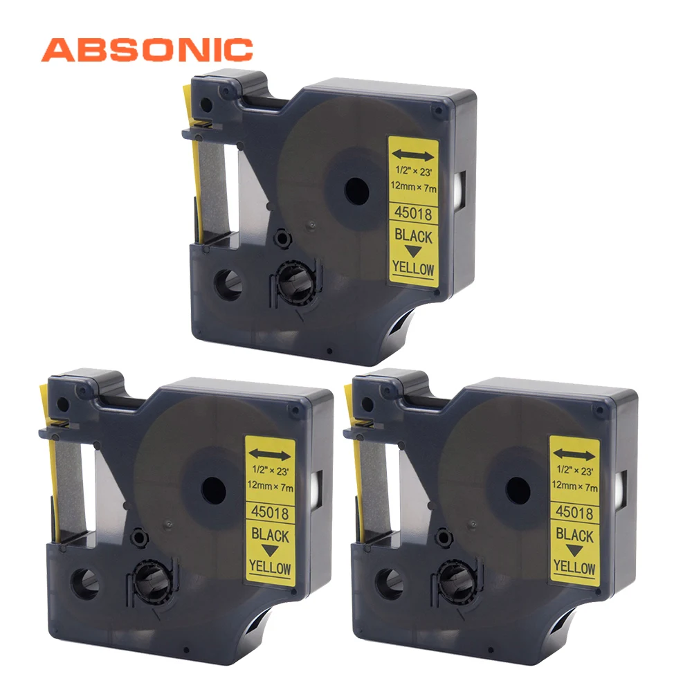 Absoonic 3 шт. 12 мм лента для маркировки DYMO D1 45018 черный на желтый совместимый Dymo LabelManager