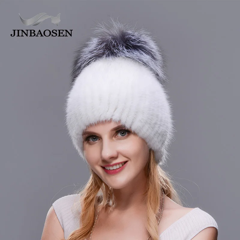 JINBAOSEN новая популярная русская меховая шапка норковая мех лисы вязаная зима