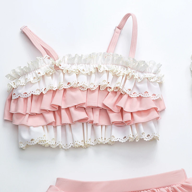 Детский купальник бикини 3 предмета для девочек с рюшами розовый комплект