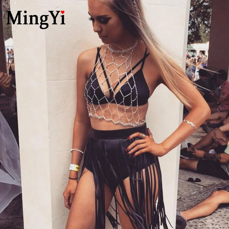 Кожаная юбка с бахромой Черная Женская сексуальная ремешком на талии кисточками