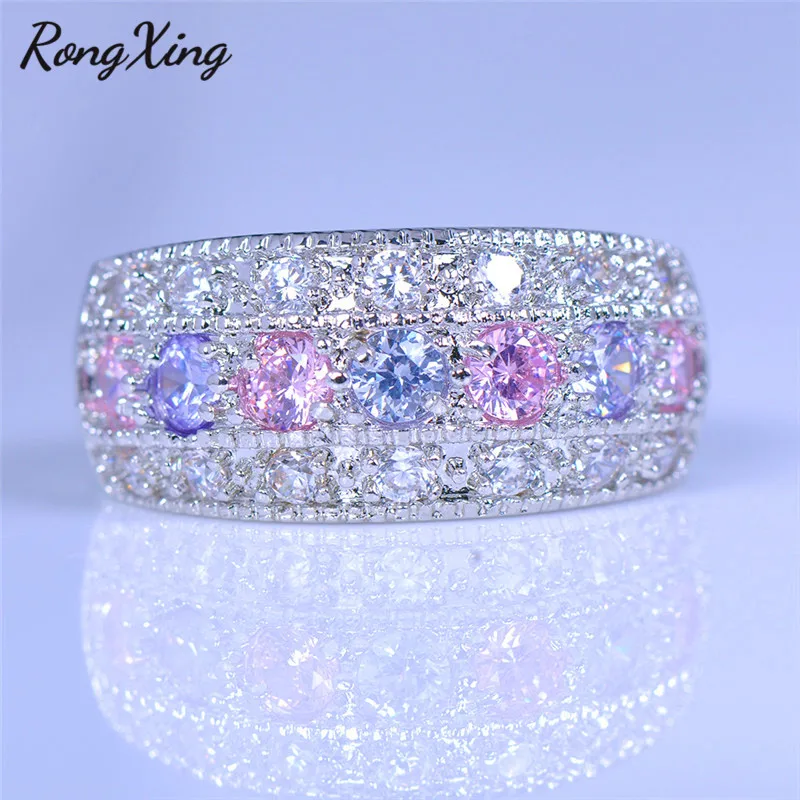 RongXing маленькие круглые кольца с розовым/фиолетовым/белым кристаллом циркония