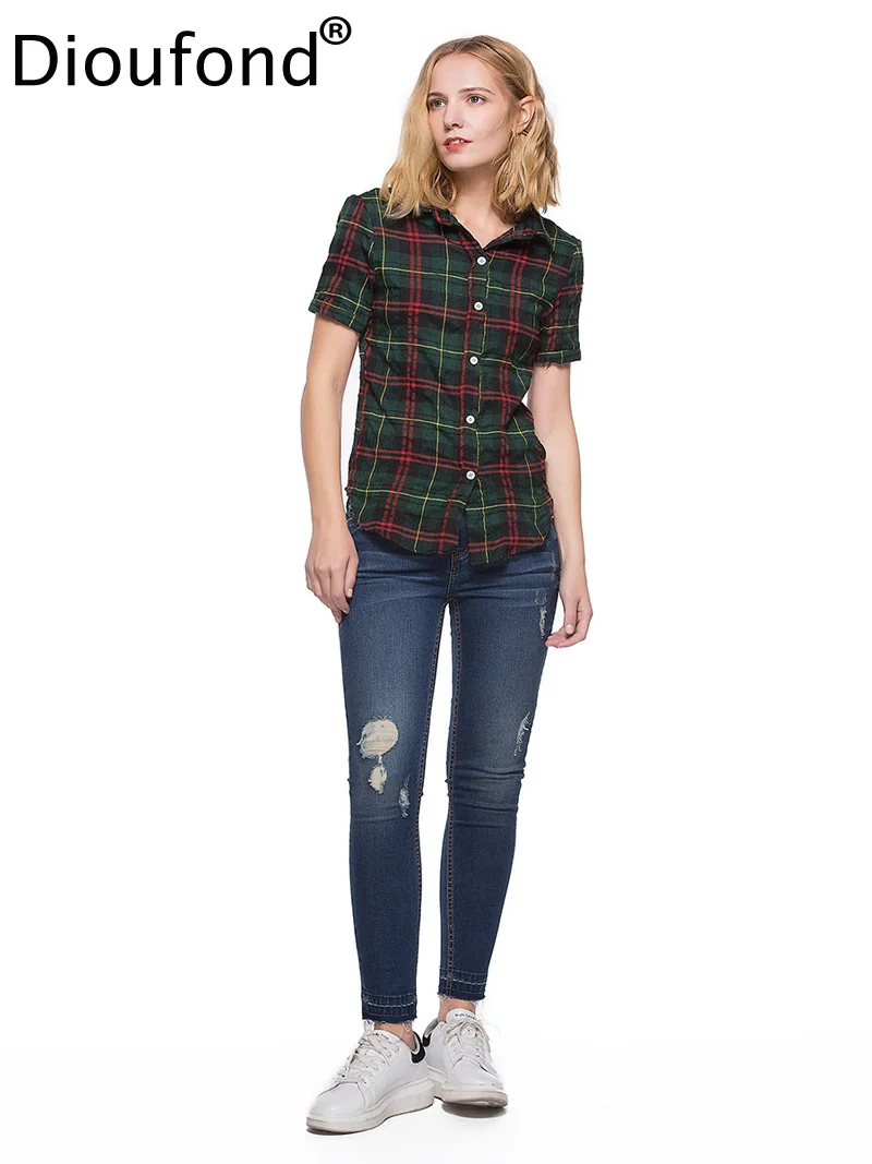 Новое поступление красная клетчатая женская рубашка Dioufond с коротким рукавом