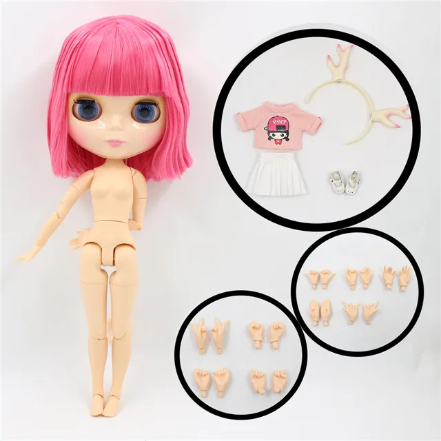 Ледяная фабрика шарнирная кукла blyth игрушка короткие розовые волосы с челкой белая кожа сустава тела ободок в виде лося рубашка платье обувь 1/6 30 см - Цвет: natural shiny face