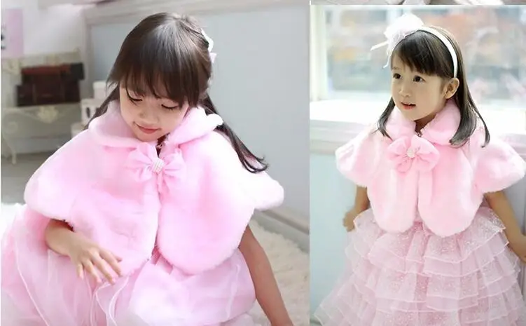 Зимнее пальто для девочек накидка принцессы из искусственного меха с бантом