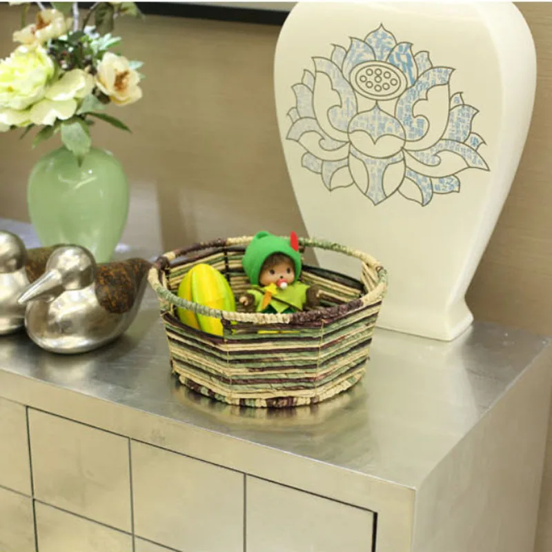 

Corn Husk Iron Wicker Drink Food Fruit Basket cesto ropa sucia decorative storage wicker baskets for toys Sundries piknik sepeti