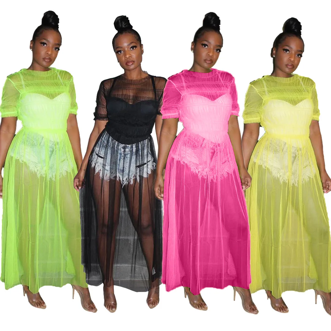 2019 женское Новое Сетчатое платье с круглым вырезом и коротким рукавом макси