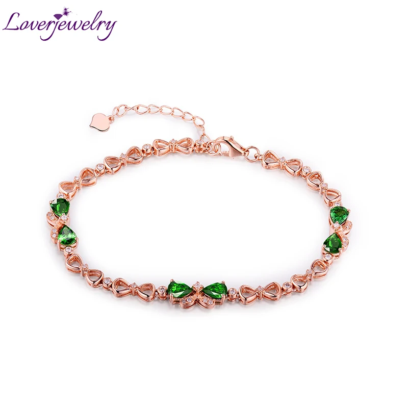 

LOVERJEWELRY Women Bracelet Real 18Kt Rose Gold Diamonds Natural Tsavorite Gemstones Pear Cut 4x5mm Fine Lady Bracelets Jewelry