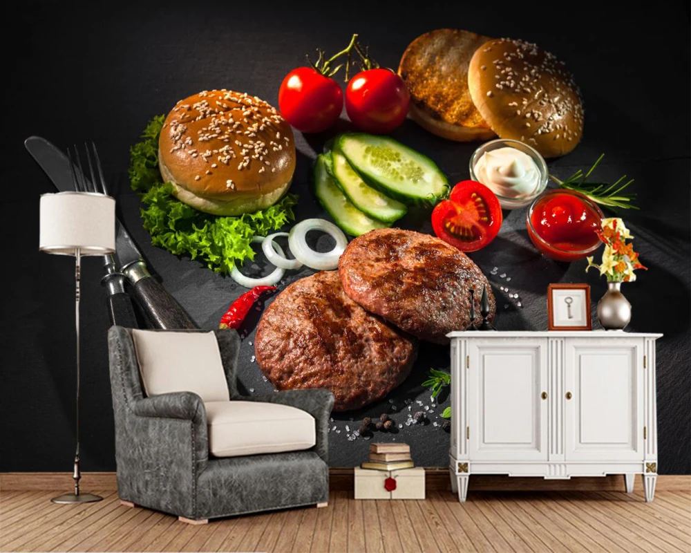 Обои 3d с ножом булочками мясом овощами едой магазином фаст фуда гостиной диваном