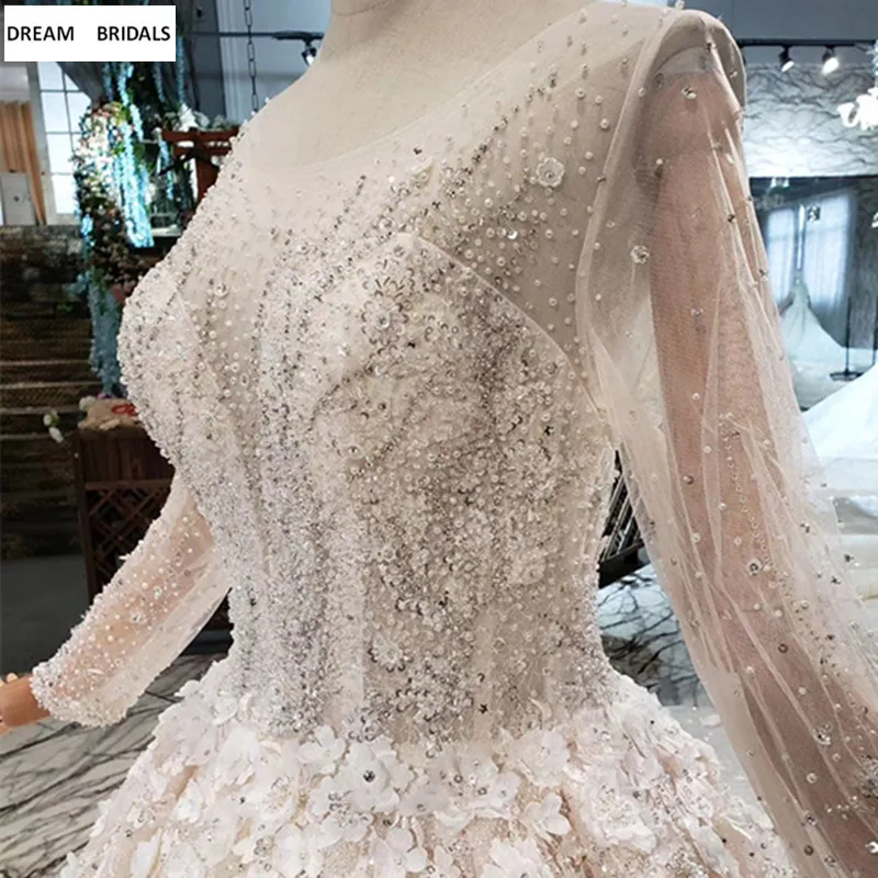 High Quality Ball Gown Luxury Vestido De Noiva 2019 Long Sleeves Heavy Beading Sequined Flowers Wedding Dresses Custom Made