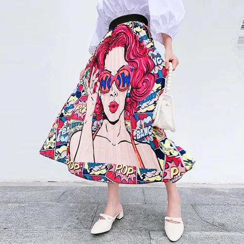 red Limiguyue Новая модная женская плиссированная юбка с мультяшным рисунком, высокая эластичная талия, до середины икры, подиумная юбка, Повседневная трапециевидная юбка T906 - Цвет: red