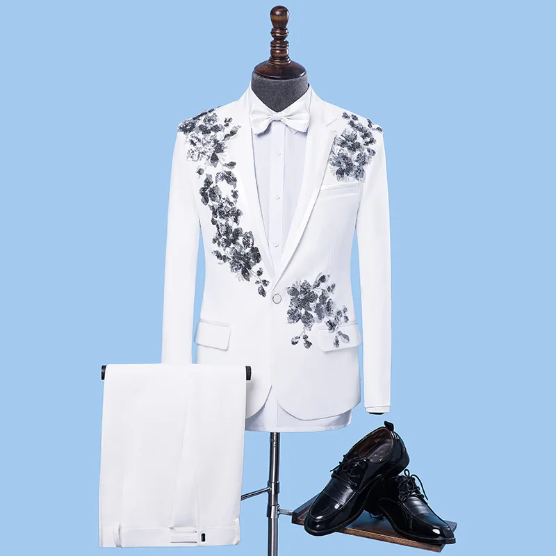

2020 men sequins suit costumes singer host two embroidered stage suit