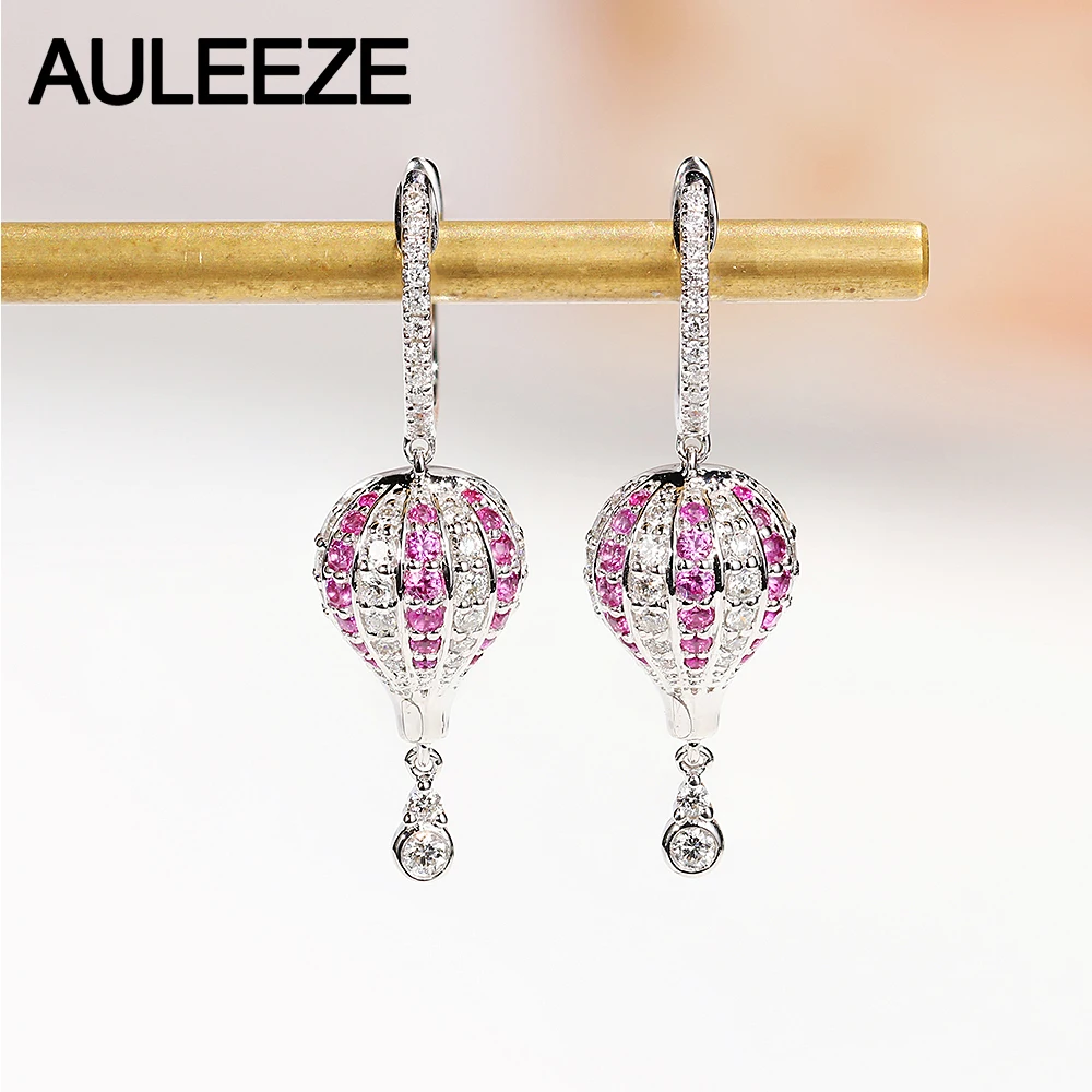 AULEEZE Hot Air Balloon Design 18K White Gold Natural Pink Sapphire Drop Earrings Real Gemstone Diamond Anniversary Gift | Украшения и