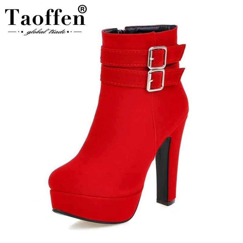 TAOFFEN/женские сапоги на высоком каблуке, размеры 30-48 теплые зимние сапоги на молнии с круглым носком женская обувь на платформе с квадратным каблуком, zapatos mujer