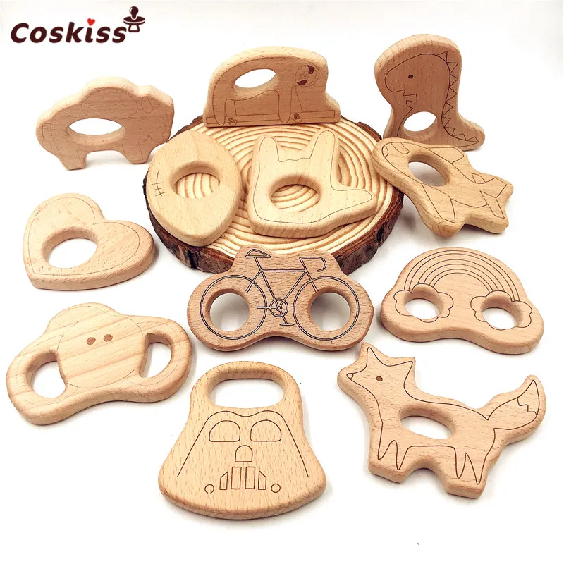 Mordedor de madera de dibujos animados para beb&eacute;, 10 piezas, dentici&oacute;n de beb&eacute; con forma de Animal Natural puro, mordedor de madera para lactancia, juguetes colgantes DIY para ni&ntilde;a-1