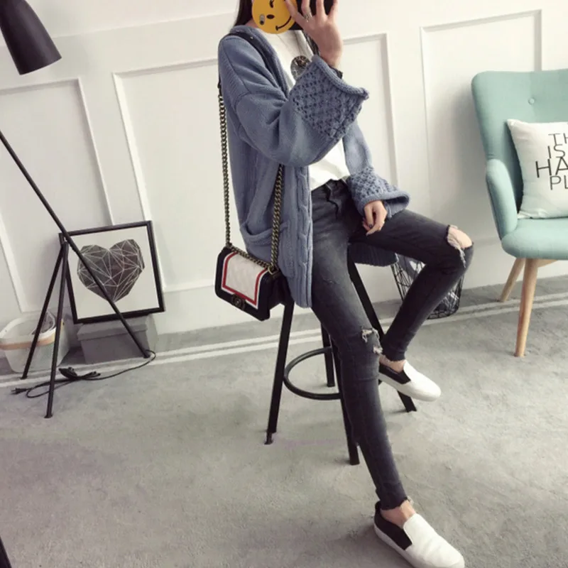 YAGENZ Fashion Women Clothing Autumn Winter Coat Knitted Sweater Ladies Cardigans Tops Pocket Wide Sleeve Streetwear 550 |