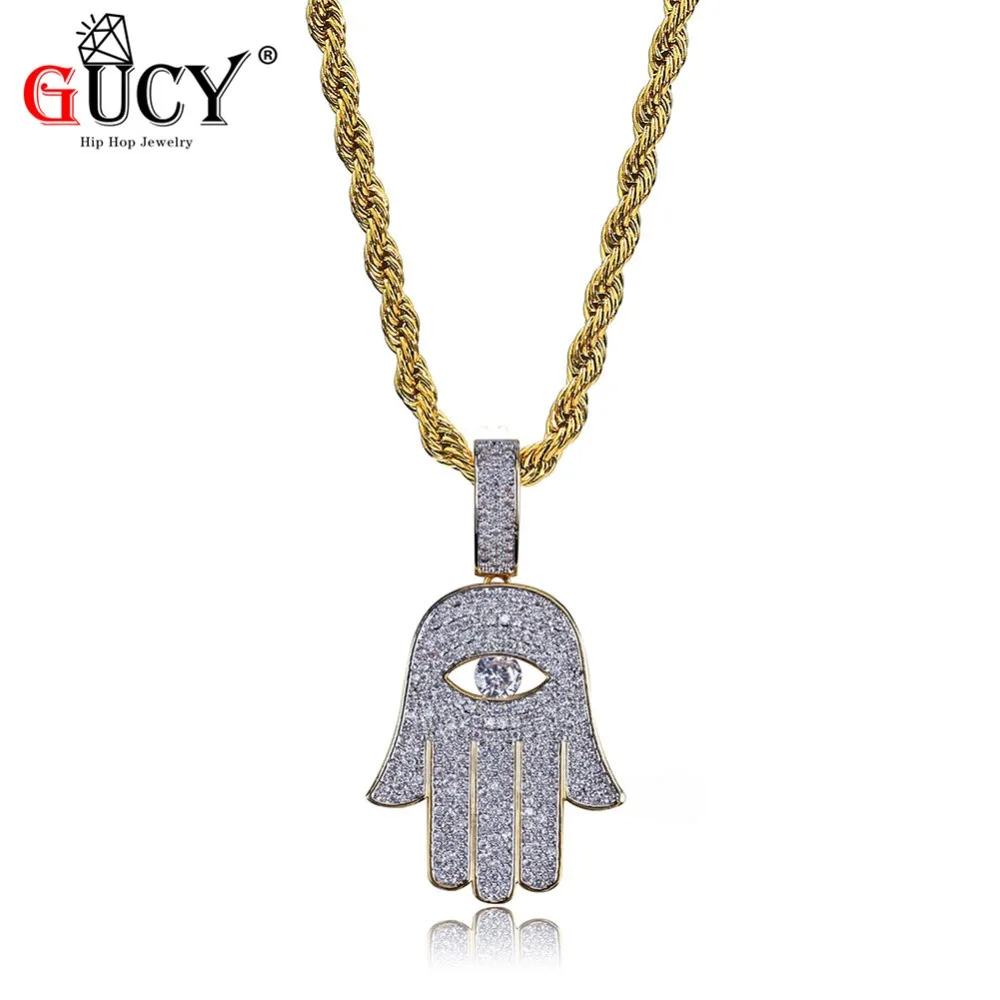 

GUCY Hip Hop Fatima Hand Eye Pendant Necklace Gold Color Plated Micro Pave Cubic Zircon Stones Charm Jewelry For Men Women Gift