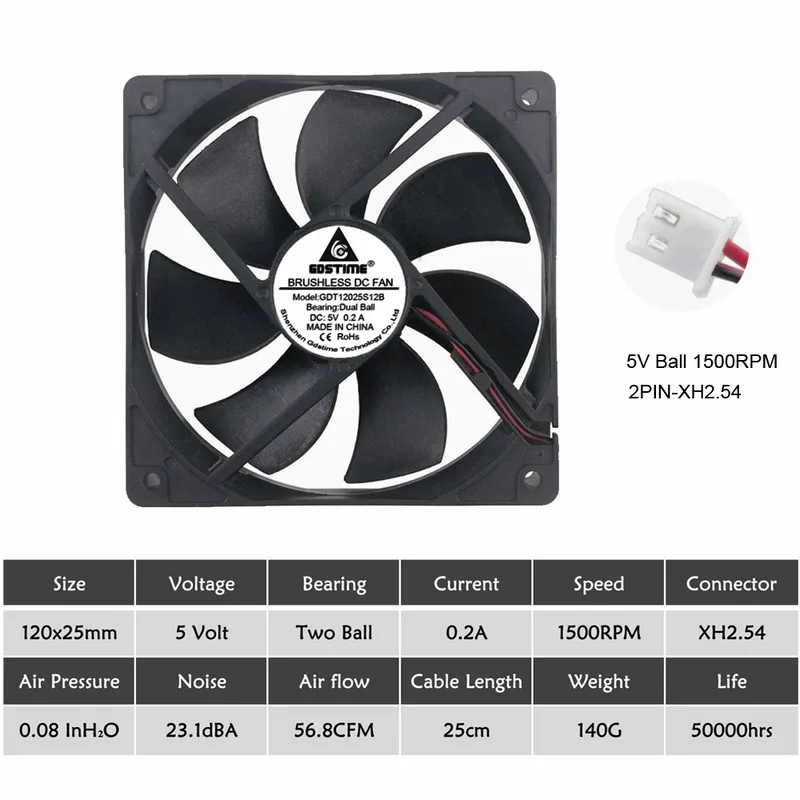 Gdstime 12025 5V 12V 24V 48V Процессор ПК компьютер чехол вентилятор 120x120x25 мм 2PIN 3PIN 12 см Ноутбук GPU 120 мм охлаждающий вентилятор постоянного тока мяч/рукав из нержавеющей стали - Цвет лезвия: 5V Ball 1500RPM