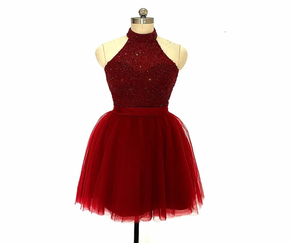

Sparkly Crystal Beading Tulle Prom Dresses Short 2020 Backless Halter Knee Length Sequin Formal Evening Party Gowns For Women