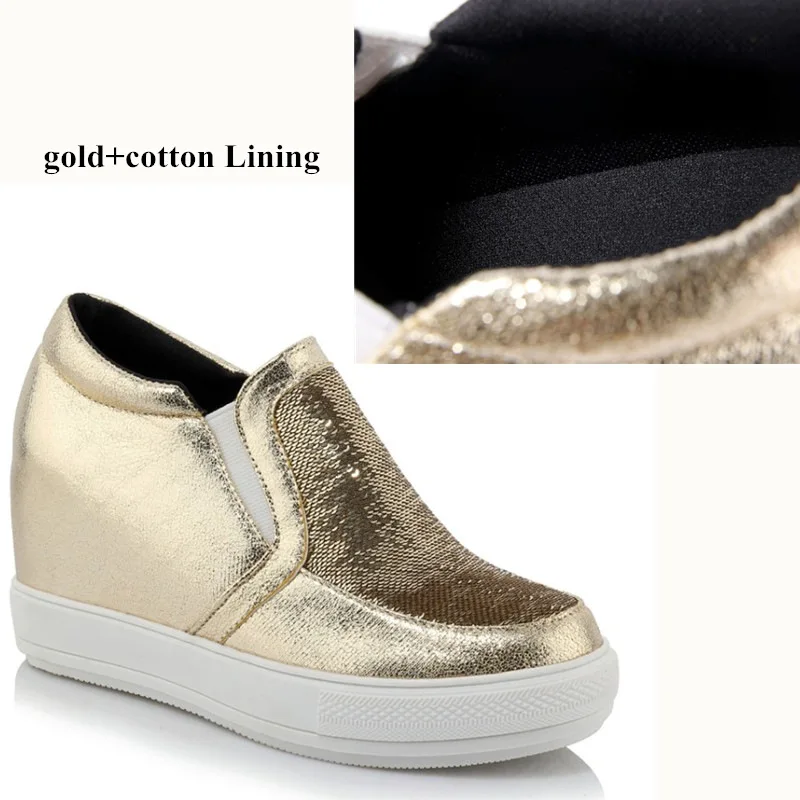gold with cotton Женские кроссовки; модель года; сезон осень-зима; женская повседневная обувь на высоком каблуке с мехом; женская обувь на танкетке; женская обувь на платформе; цвет золотистый, Серебристый; большой размер 45 - Цвет: gold with cotton