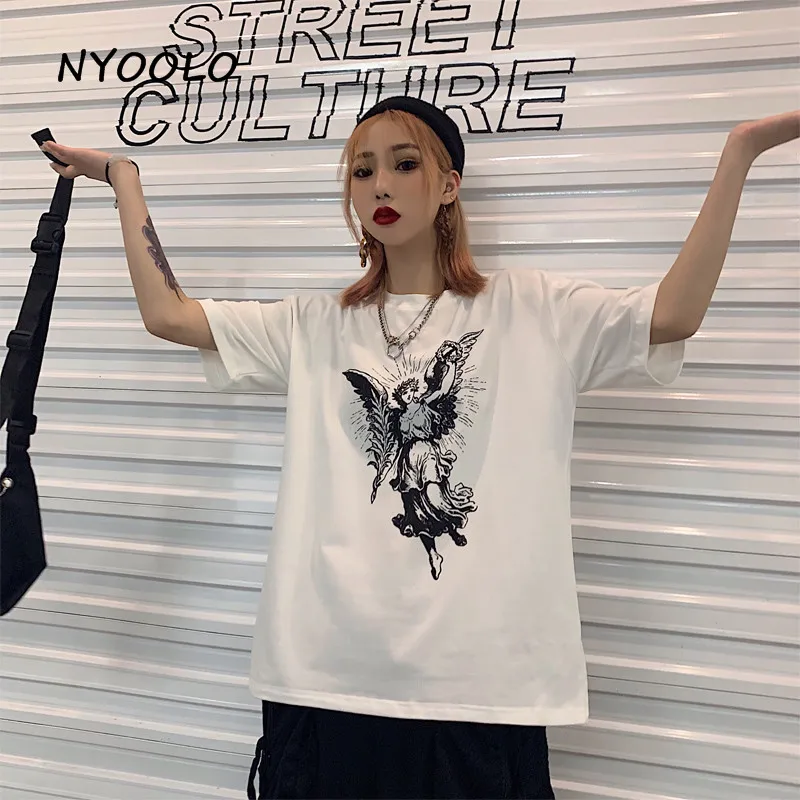 NYOOLO Novelty style angle wing print tees Summer streetwear short sleeve O-neck cotton t-shirts women clothing classic tops | Женская