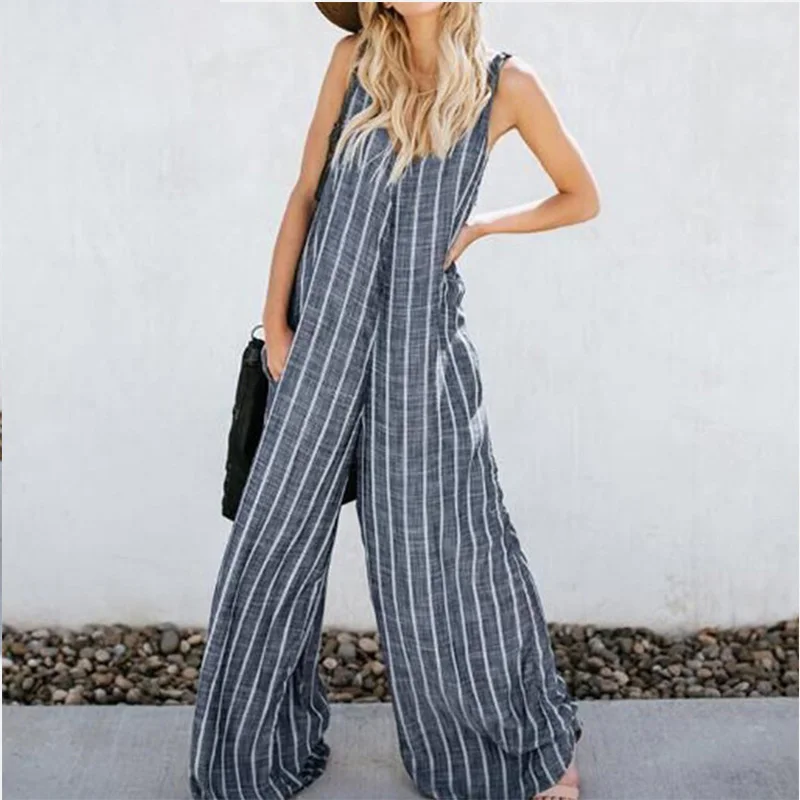 Oversized Women's Striped Cotton Loose Jumpsuit OL Work Wide Leg Sleeveless Romper Womens Plus Size Summer Casual Overalls