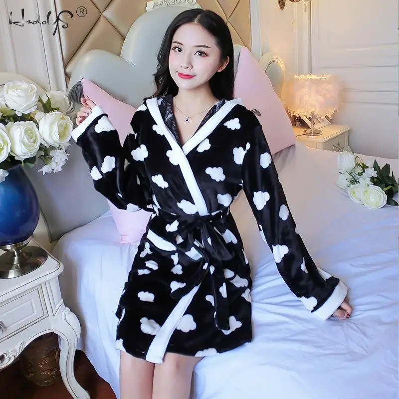 Flannel Bathrobes Women's Cartoon Lovely Thicken Warm Nightgowns Winter Bath robe Women Pajamas Bath Robe Sleepwear