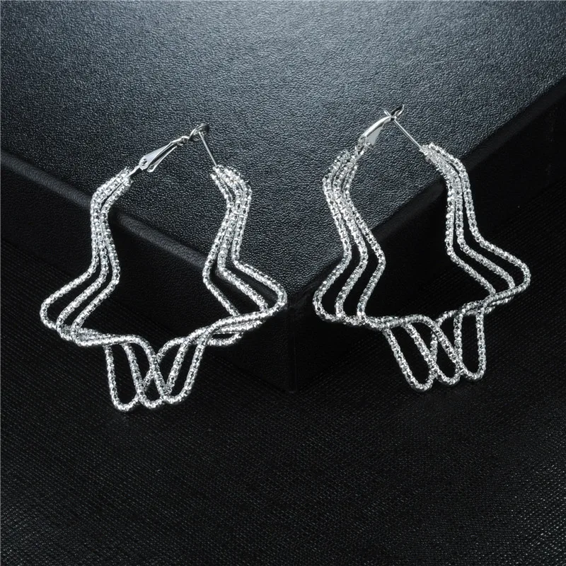 

Multi Layer 60mm Big Star Metal Hoop Earrings For Women Marble Silver Color Earrings Statement Jewelry Wedding Party Gift