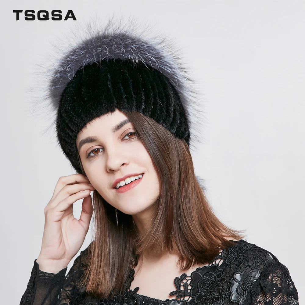 TSQSA Натуральный Мех Норки Cap Зимние Теплые Шапки Женские Шерсть Лисы Real Fox Леди