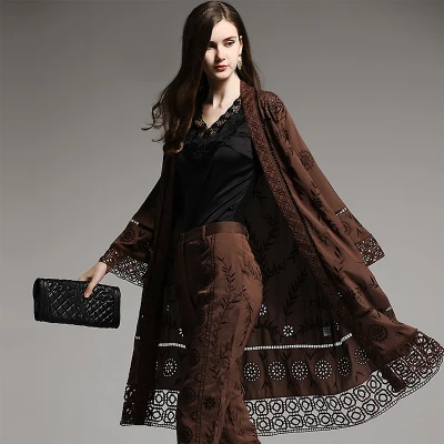 brown top 1 pc Дизайнерский женский комплект одежды наивысшего качества; сезон осень-весна; женское изысканное винтажное длинное пальто с вышивкой ручной работы; Тренч+ Брюки-Капри - Цвет: brown top 1 pc