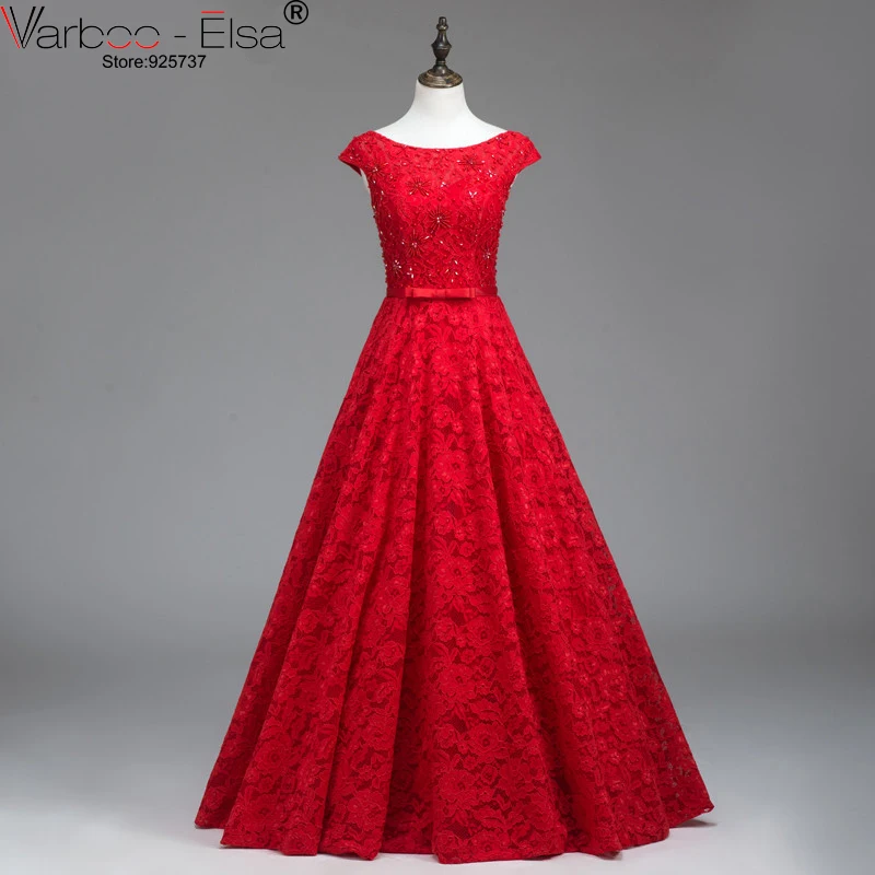 Женское вечернее платье до пола красное кружевное с аппликацией из бисера для