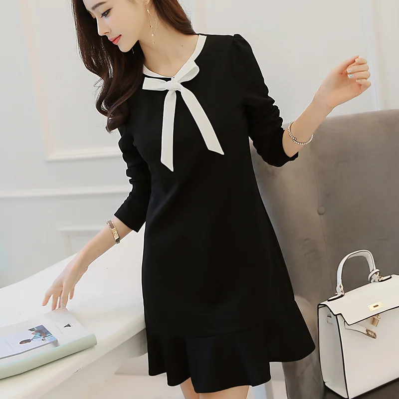 modis spring summer new fashion Bow mini dress Work women's Korean splice dresses vestidos tide black Party women | Женская одежда