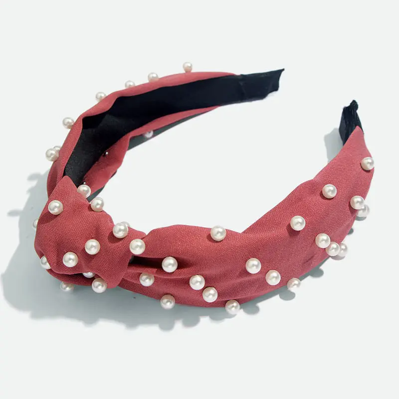 Bohemian Solid Color Soft Velvet Center Knot Wide Pearl Hairband Ladies multiple color Knotted Hairband Hair Accessories