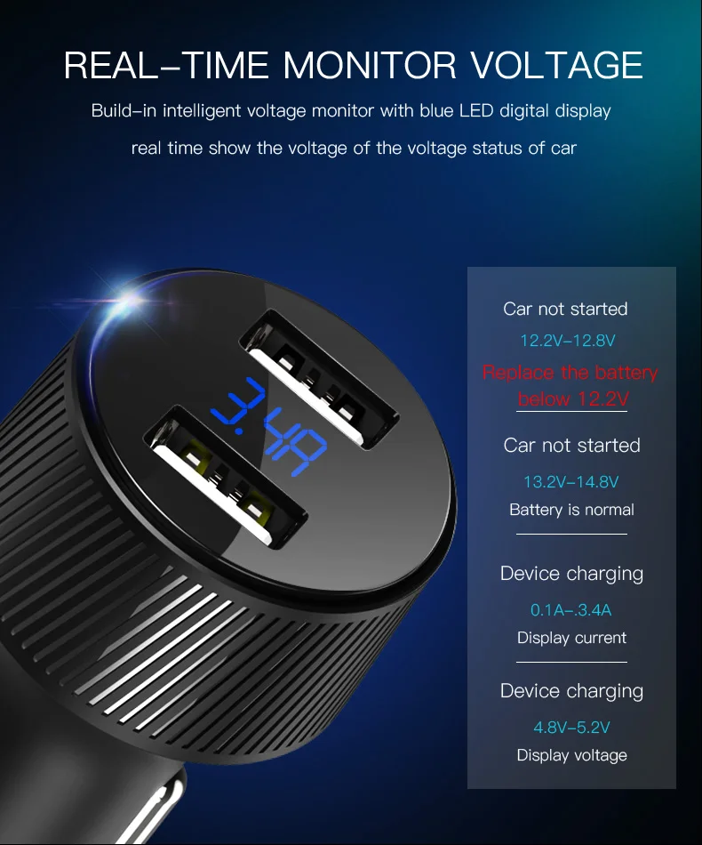 Yesido Y31 3.4A двойной Переходник USB для зарядки в машине цифровой дисплей быстрое зарядное устройство для телефона планшета напряжение тока монитор автомобильное зарядное устройство