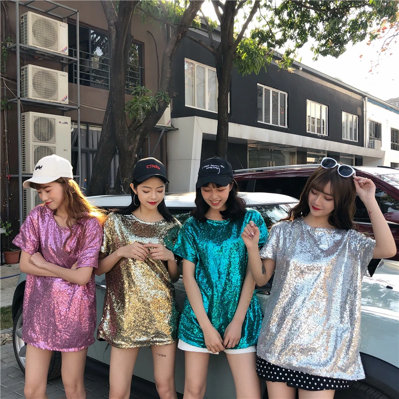 Футболка Для женщин Harajuku личность блестки дикий с круглым вырезом и короткими