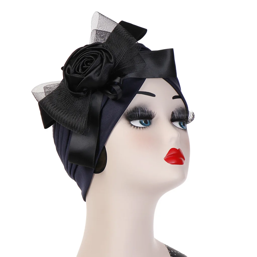 

Women India Mesh Floral Bow Knot Hat Muslim Ruffle Cancer Chemo Beanie Wrap Turban Muslim Hijab Hat Muslim Clothing