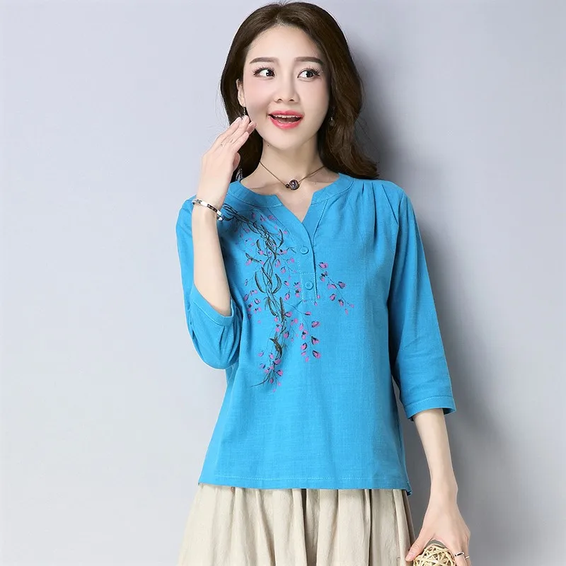 

2017 Women Summer Fashion Linen Tops Blouse , Casual XXL Blue Beige 3/4 Sleeve Embroidery Blouses , Female Flowers Shirt