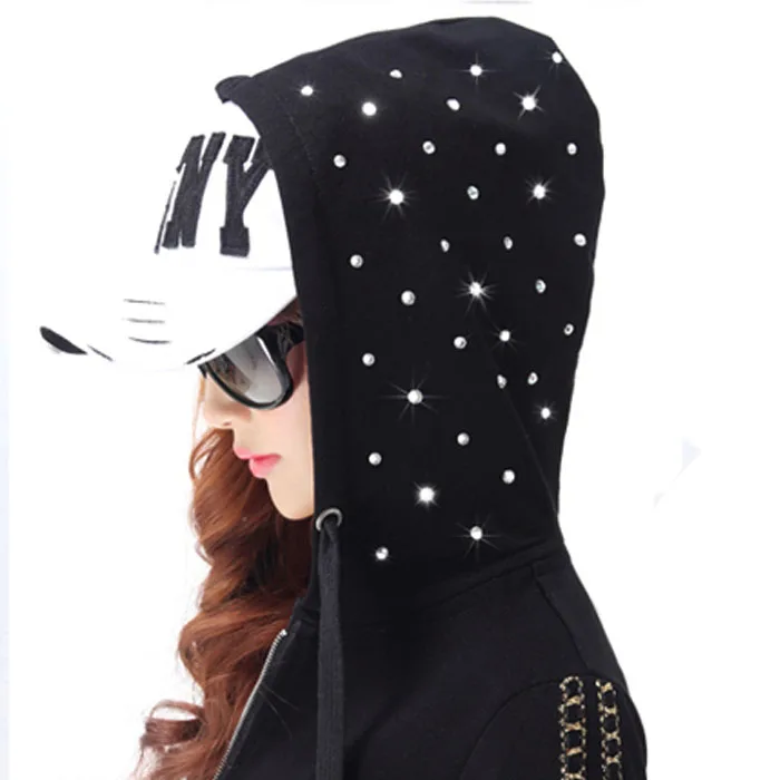 Hot 2018 Spring Full Zipper Fashion Cotton  New Leisure 2 Suit Hot Drilling Hoodie + Vertical Stripe Trousers Two Sets Of Women