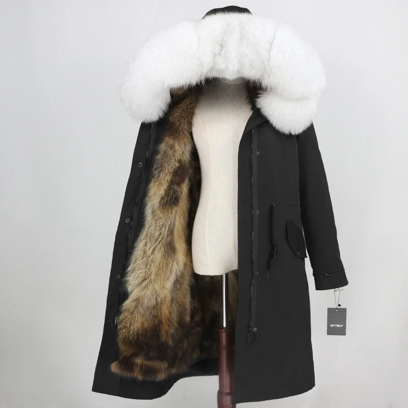 black natural white OFTBUY X-long Parka, водонепроницаемая ткань, верхняя одежда, зимняя куртка для женщин, натуральный Лисий мех, капюшон, Лисий мех, подкладка, натуральный мех, пальто, съемный - Цвет: black natural white