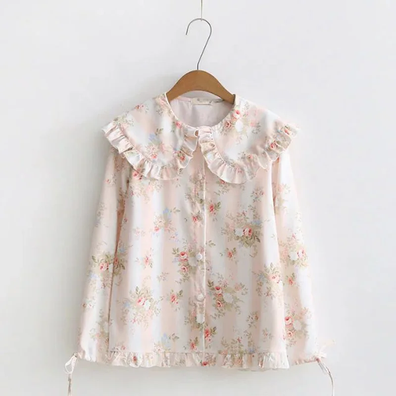 Фото WXCTEAM Casual Women Blouse Vintage Mori Girl Floral Flower Print Shirt Peter Pan Collar Female Lolita Harajuku Chiffon WXCTEAM Casual Women Blouse Vintage Mori Girl Floral Flower Print Shirt Peter Pan Collar Female Lolita Harajuku Chiffon