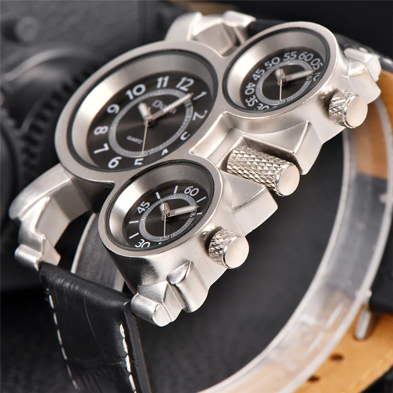 Oulm HP1167 Casual Leather Watches for Men 3 Time Zone Outdoor Travel Sport Watch Male Quartz Clock Luxury Brand Wristwatch | Наручные