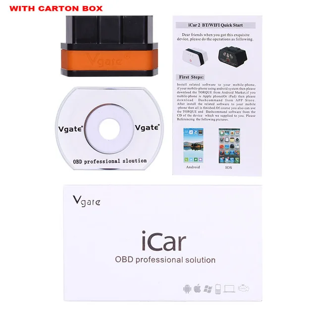 With Carton box Vgate iCar2 ELM327 Bluetooth OBD 2 сканер iCar 2 mini elm 327 obd2 OBD II и тестер тормозной жидкости для масла DOT3/DOT4/DOT5 инструмент - Цвет: With Carton box