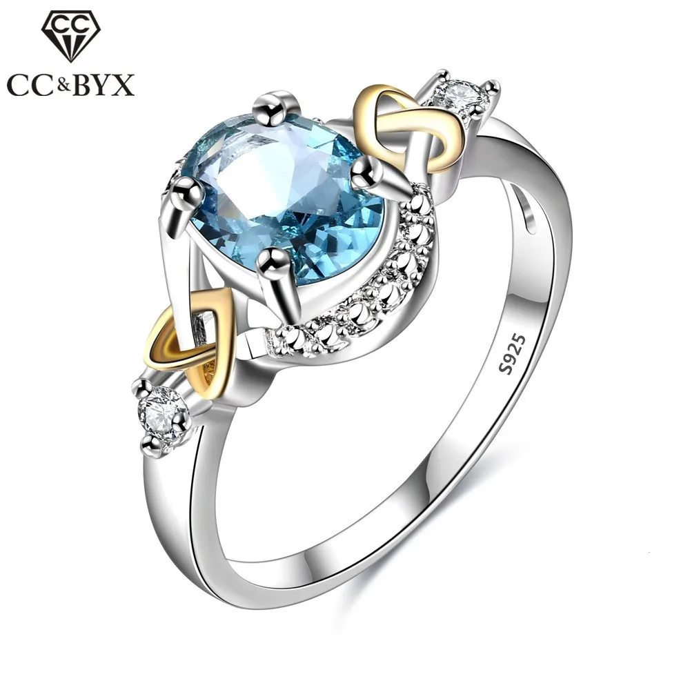 

CC Jewelry Ring Silver Plated Fashion Oval Sky Blue CZ Rings For Women Chic Accessories Engagement Gift Party CC542