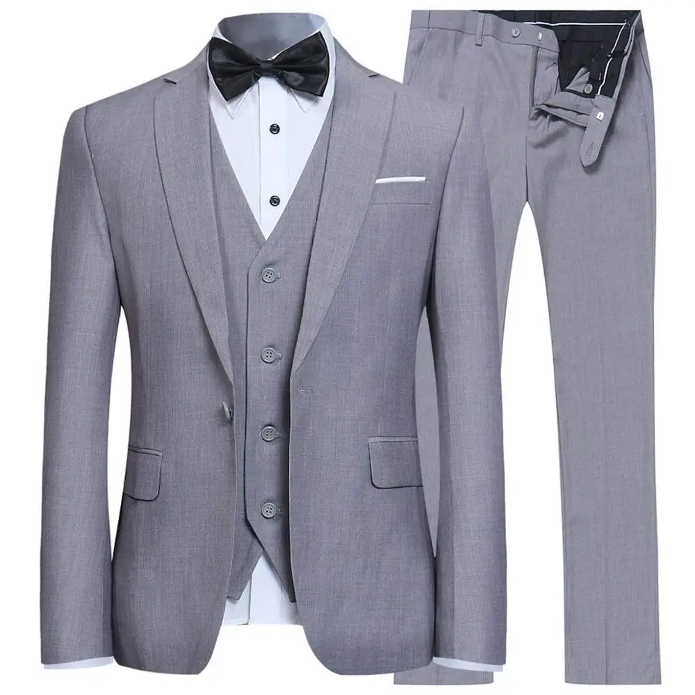 Мужские костюмы Slim Fit, 3 предмета, деловой мужской костюм, мужские костюмы, пиджак на одной пуговице, пиджак, жилет и брюки - Цвет: Серый