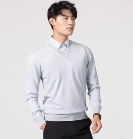 v-neck light grey Кашемировый хлопковый свитер, мужские свитера, Осень-зима, Базовый теплый джемпер pull noel homme, пуловер, мужские вязаные свитера с v-образным вырезом - Цвет: v-neck light grey