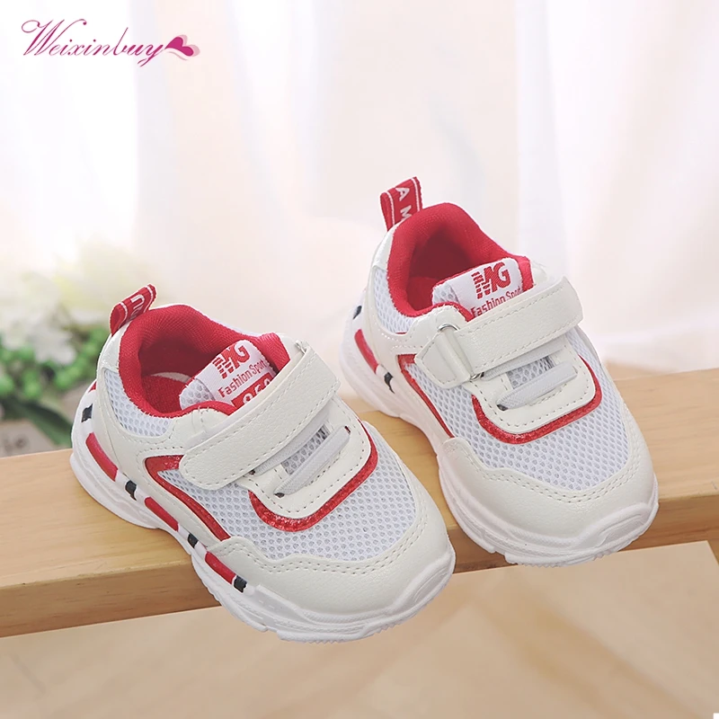 

Spring WEIXINBUY Children casual shoes Boys and girls soft bottom Rubber Mesh running shoes Hook&Loop Pink Blue Red