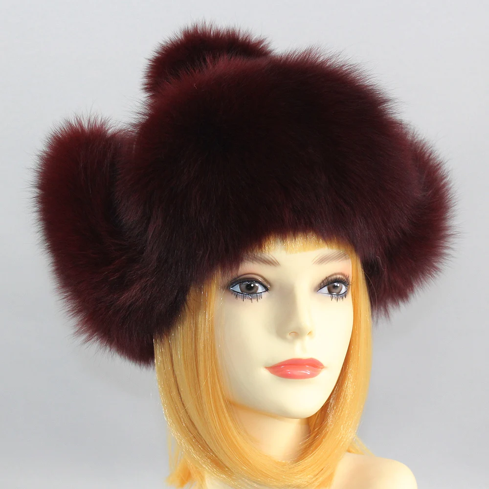 Hot Sale Natural Fox Fur Hat Women Thick Warm Real Fox Fur Cap Winter Fox Fur Bomber Hat Free Shipping