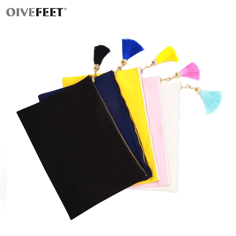 OIVEFEET 5 цветов 12 унций хлопковая холщовая косметичка с вискозной кисточкой Золотая молния косметичка хлопок клатч сумочка