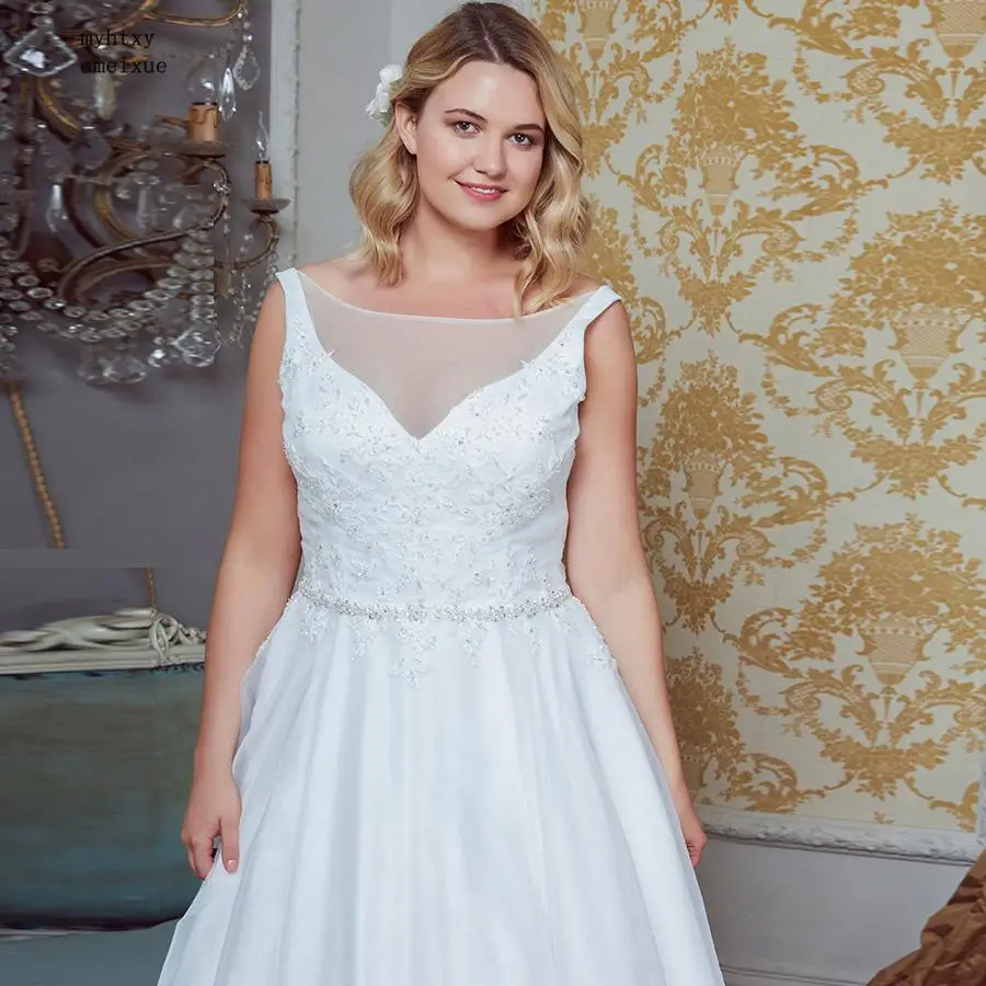 

Cheap Elegant Boat Neck Organza Wedding Dress 2020 Sleeveless Beading Applique A-line Bride Dress For Wedding Vestidos De Novia