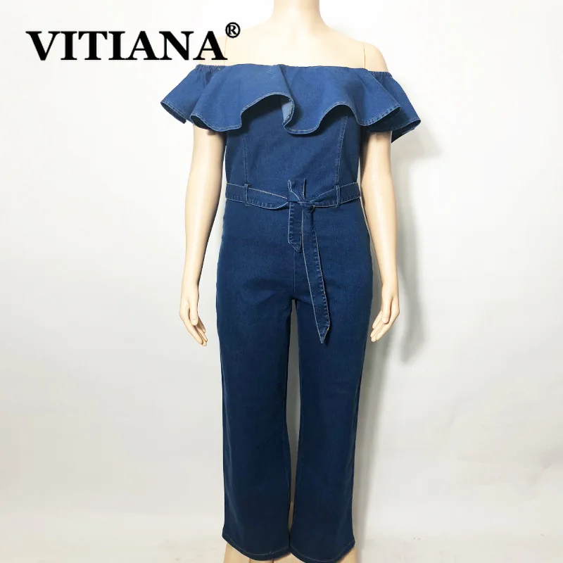 VITIANA 2019 Summer Women Elegant Sexy Solid Denim Jumpsuit Pants Plus Size Off Shoulder Female Bodysuit Rave Festival Clothing | Женская