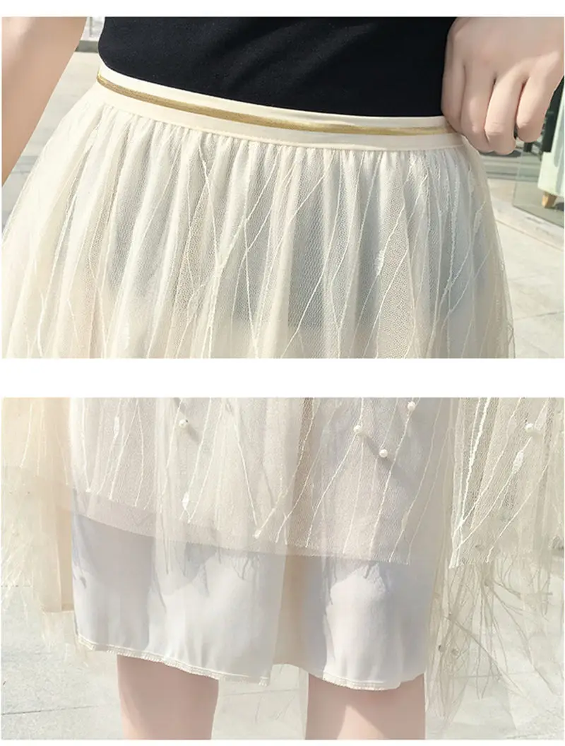 Fashion New Women Summer Tulle Long Skirt High Waist Apricot Chiffon Loose Casual Beading Lace Mesh Pleated Skirts Womens | Женская